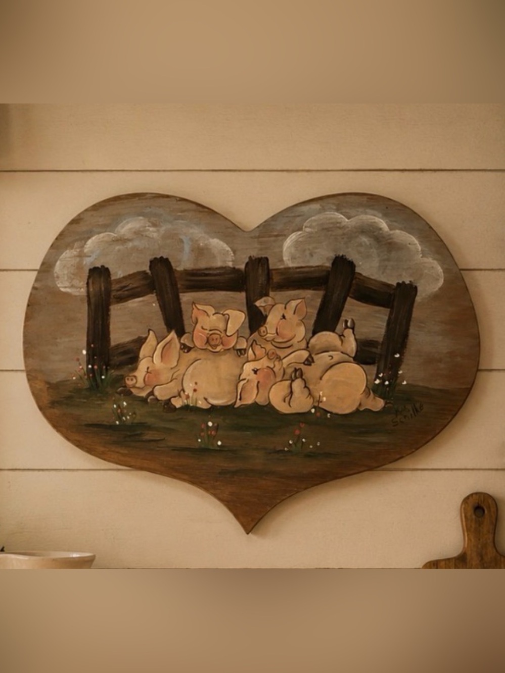 Heart-Shaped Pig Farm Wall Art - Beige